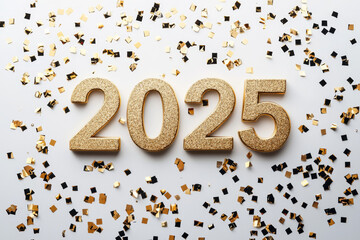 Golden 2025: A celebratory backdrop of golden confetti surrounds the year 2025, sparkling with anticipation and promise of a bright new year. 