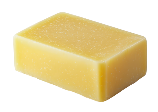 Rectangular yellow soap bar on transparent background with copy space for text.