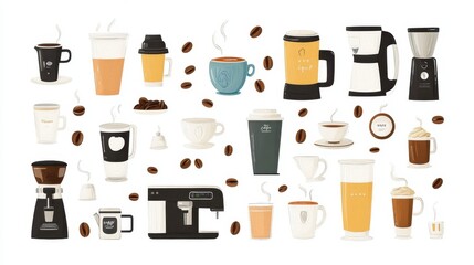Artistic set of Watercolor coffee machines and coffee drinks isolated on brown background,hand-drawn vector,coffee cups and coffee beans,modern flat design,Fashionable and cute coffee motif concept.