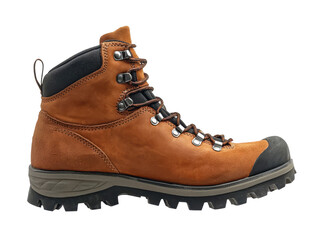 Side view of brown hiking boot on transparent background with copy space for text.