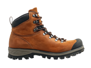 Side view of brown hiking boot on transparent background with copy space for text.