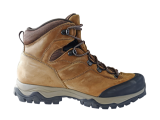 Mid-cut brown hiking boot on transparent background with copy space for text.