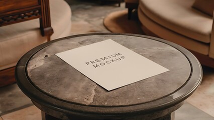 A4 size paper blank mockup on stone  table with a small bonsai tree .Blank paper card on a wooden table ,stone table . modern decoration for cv an official work	