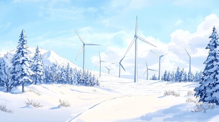 Wind turbines rotate gently in the stark, snow-blanketed tundra, their icy white blades harmonizing with the frost-filled air. A soft watercolor sky melts into the horizon
