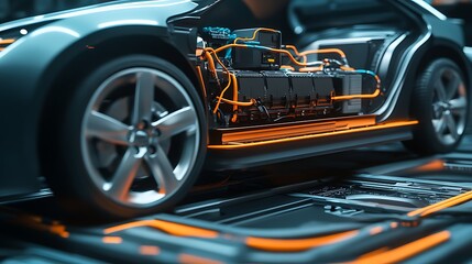 Fototapeta premium Electric Car Interior with Exposed Battery and Wiring