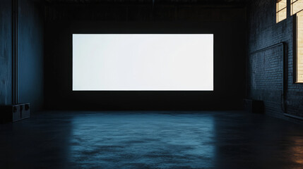 Blank Canvas in a Darkened Warehouse: A large blank projection screen dominates a stark, industrial space, bathed in a cool blue light, offering endless possibilities for projection, display, or creat