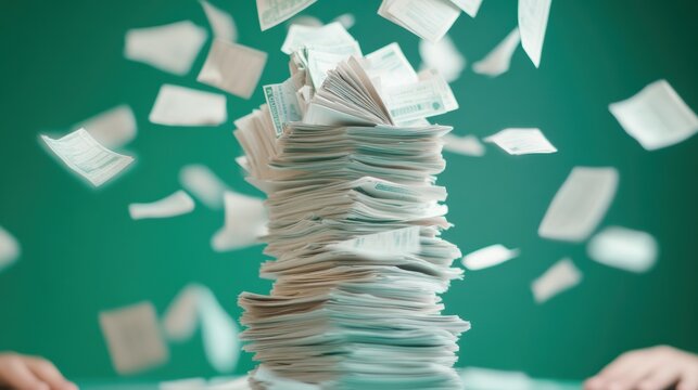 A person attempting to organize their finances, but the stack of bills seems insurmountable.