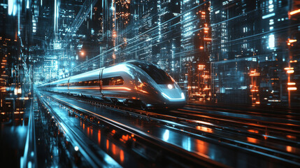 Fototapeta premium High-Speed Future: A sleek, futuristic train races through a vibrant, neon-lit cityscape, symbolizing progress, innovation, and the speed of modern life. 