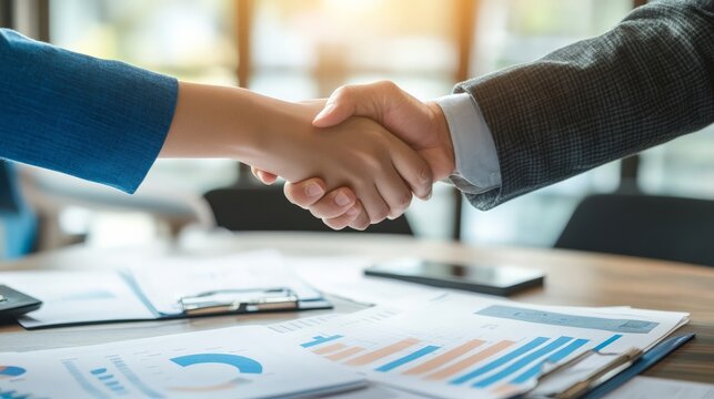 Business handshake over a table with financial documents, symbolizing agreement and partnership in a corporate setting.