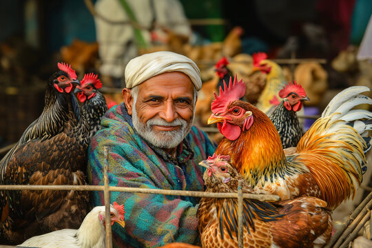 A muslim man selling poultry in the market.