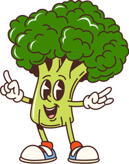 Cartoon groovy broccoli cabbage vegetable character. Cheerful veg personage with expressive eyes, gloves and sneakers, striking fun pose and making a rock sign, showcasing a lively and energetic vibes