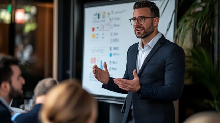 Fototapeta premium Business professional giving a presentation in a modern office environment, engaging audience with visual aids.