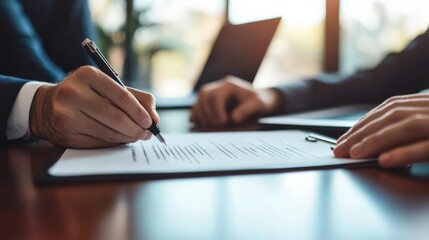 Business professionals signing a document in a formal meeting setting, emphasizing corporate agreement, partnership, or contract negotiation.