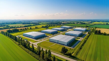 Expansive industrial complex with multiple factories, surrounded by open land, large parking areas, and green fields