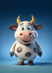 Obraz premium Happy Cute Cow Cartoon cheerful Character smiling 3d render on Light blue background studio shot
