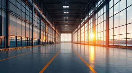 Modern factory with large windows and steel walls, surrounded by open roads and parking spaces, industrial surroundings
