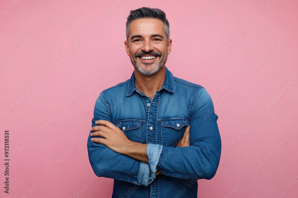 Wall mural happy middle aged man in denim shirt smiling with crossed arms.