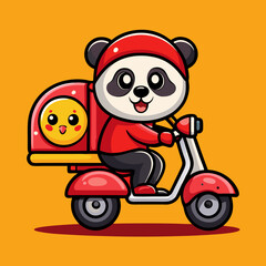 4 cute cartoon panda delivery person logo design set, with a yellow and red color theme. The designs include a panda delivering pizza on a motorcycle against a solid background. The illustrations are 