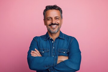Fototapeta premium Happy middle aged man in denim shirt smiling with crossed arms.