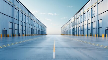 Obraz premium Expansive industrial building with steel framework, surrounded by spacious parking areas and clear blue skies