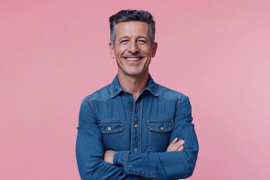Confident middle aged man in denim shirt smiling happily. - Powered by Adobe