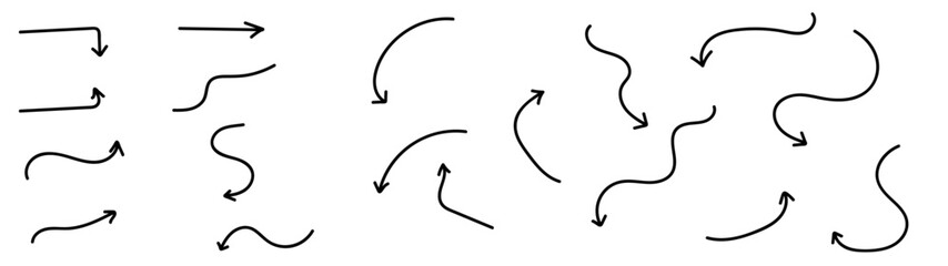 Set of black hand drawn grunge doodle spiral and curved charcoal, chalk arrows on Transparent background. Scribble symbols of direction pointers, swirl arrow elements for infographic design