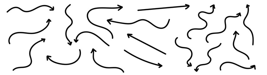 Set of black hand drawn grunge doodle spiral and curved charcoal, chalk arrows on Transparent background. Scribble symbols of direction pointers, swirl arrow elements for infographic design