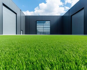 Fototapeta premium Factory building with clean, industrial lines, steel and glass exterior, surrounded by spacious green fields