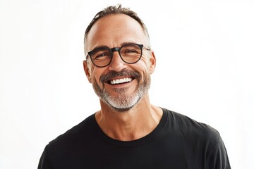 Mature adult man laughing looking at the camera over white background.
