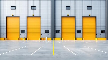 Obraz premium Exterior of a large factory with steel framework, spacious parking lot, industrial design, clear blue sky backdrop