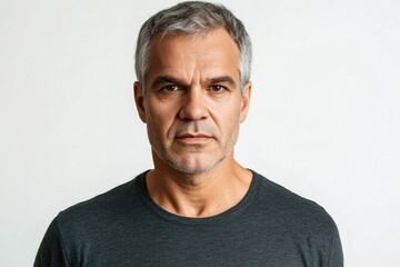 Obraz premium Serious middle aged man in casual t shirt natural expression.