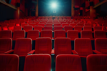 Fototapeta premium Rows of empty red seats illuminated by projector in quiet movie theater