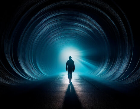 silueta de una persona que camina hacia la luz del t&uacute;nel al morir