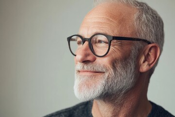 Senior man in glasses smiling and thinking.