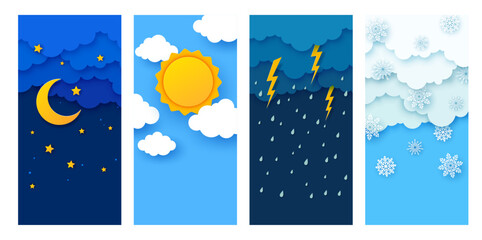 Weather paper cut with vector rain, clouds, sun, snow and lightnings on day and night sky background. Art craft origami banners of weather forecast app with 3d layered paper cut clouds, moon and stars
