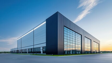 Expansive industrial building with minimalist design, surrounded by open fields and green surroundings, steel exteriors
