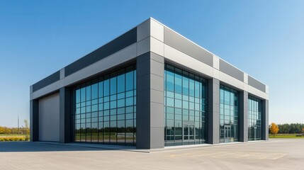 Fototapeta premium Wide-angle view of a steel and glass factory building, surrounded by spacious parking areas and open fields
