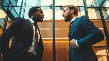Two businessmen in suits having an intense discussion in a modern office building, symbolizing corporate conflict and negotiation.