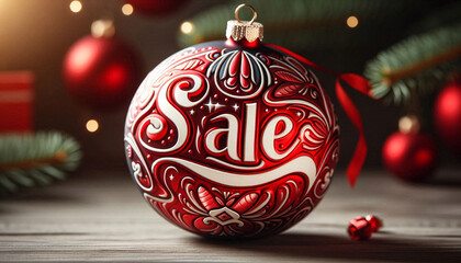 A striking red ornament displays a large sale message, placed on a flat surface, creating a festive shopping atmosphere