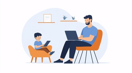 Father and Son, Working from Home: A heartwarming illustration depicting a father and son, each engrossed in their respective devices, symbolizing the challenges and joys of working from home during m