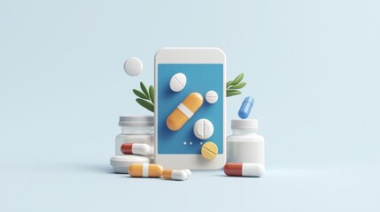 Mobile Pharmacy:  A digital illustration depicting a smartphone with pills and capsules on the screen, representing online pharmacy services and convenient medication management.  