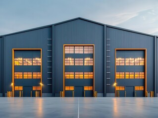 Exterior of a massive steel factory building, surrounded by open land and spacious access roads, industrial architecture