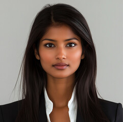 Fototapeta premium a beautiful young Indian woman, in her mid-20s, and wearing professional attire. has expressive eyes, and is standing in front of a neutral background suitable for a news studio, anchor for delivering