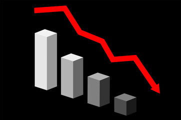 Isometric diagram chart bars vector illustration with red arrow graph going down when trading loss and economic recession, Infographic columns of business analytics graph on black background