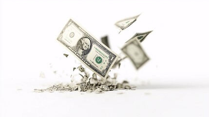 Disintegrating Dollars: A stark visual of financial loss as US dollar bills crumble into dust on a white background.  