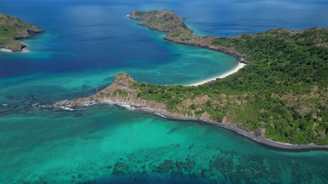 Aerial seascape view of Union of the Comoros, the Moh&eacute;li island National Park, scenic pristine ocean water drone fly above unpolluted planet earth