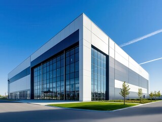Fototapeta premium Expansive factory building with a sleek modern design, surrounded by spacious green areas, blue sky backdrop