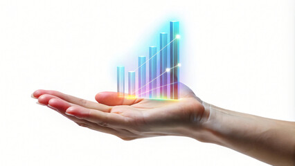 Hand holding a 3D bar chart on a tablet, representing business growth and financial success
