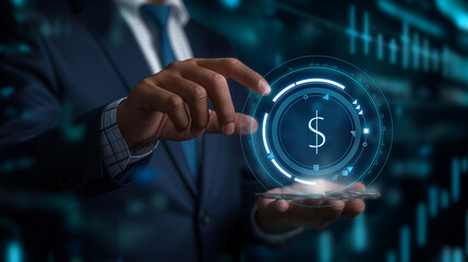 Cost reduction business finance concept. Businessman touch virtual screen of cost reduction icon with down arrow for budget management and cost management