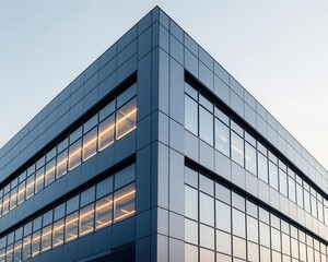 Obraz premium Exterior of a modern factory building with steel and glass panels, wide-open spaces surrounding the structure